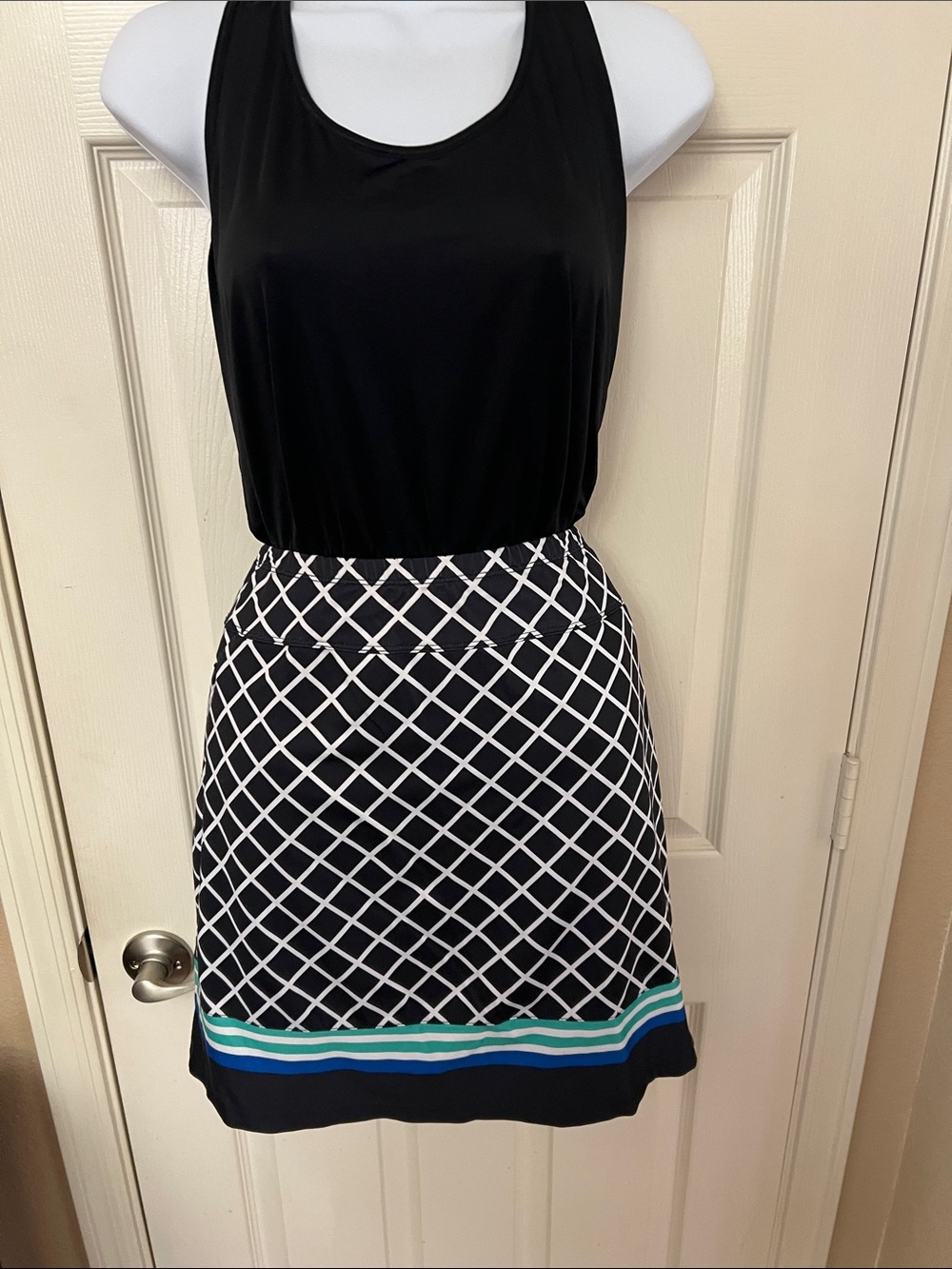 Tail Black Lattice Mini Skirt with Blue and Teal Hem Stripes